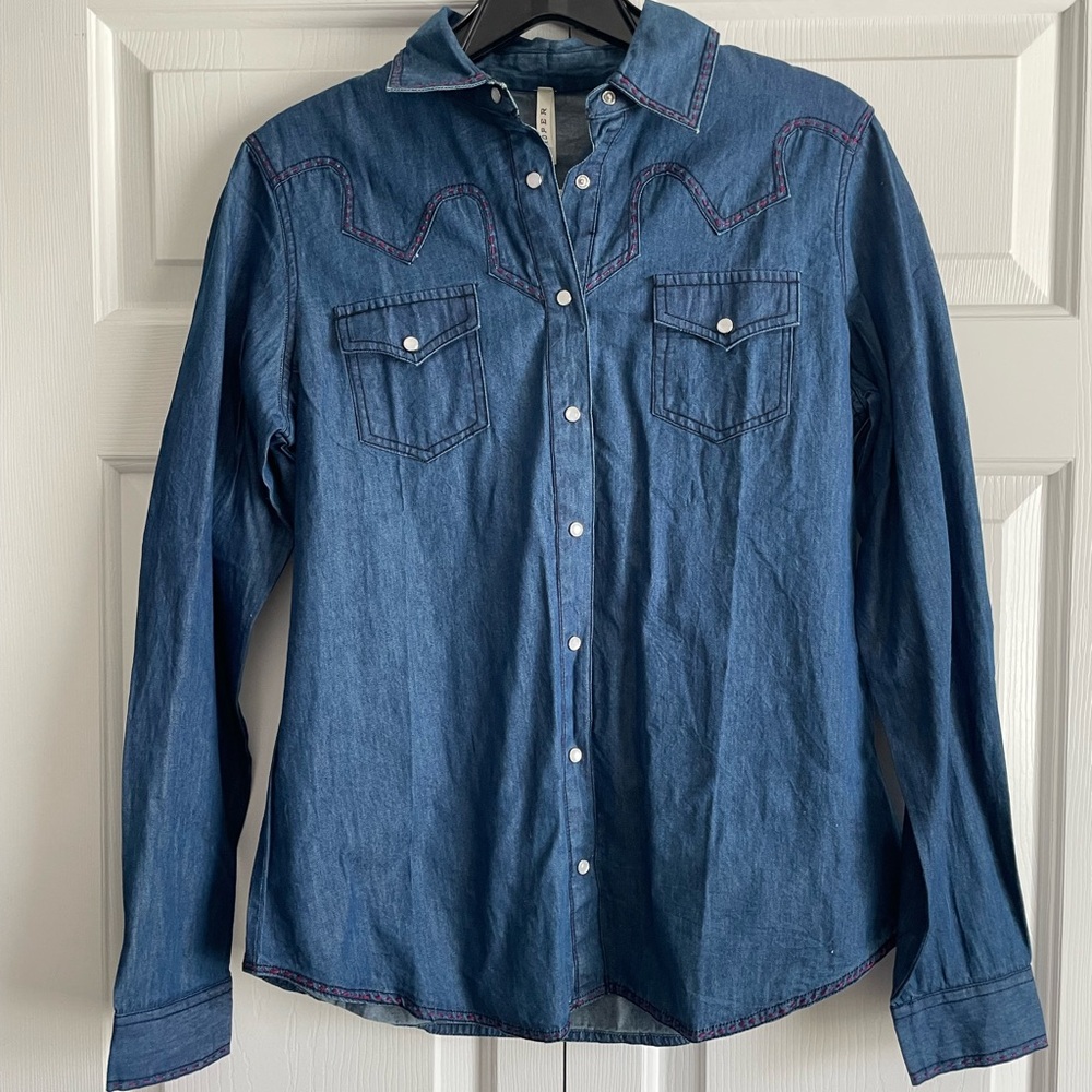 Roper Blue Denim Shirt with Pink Stitching